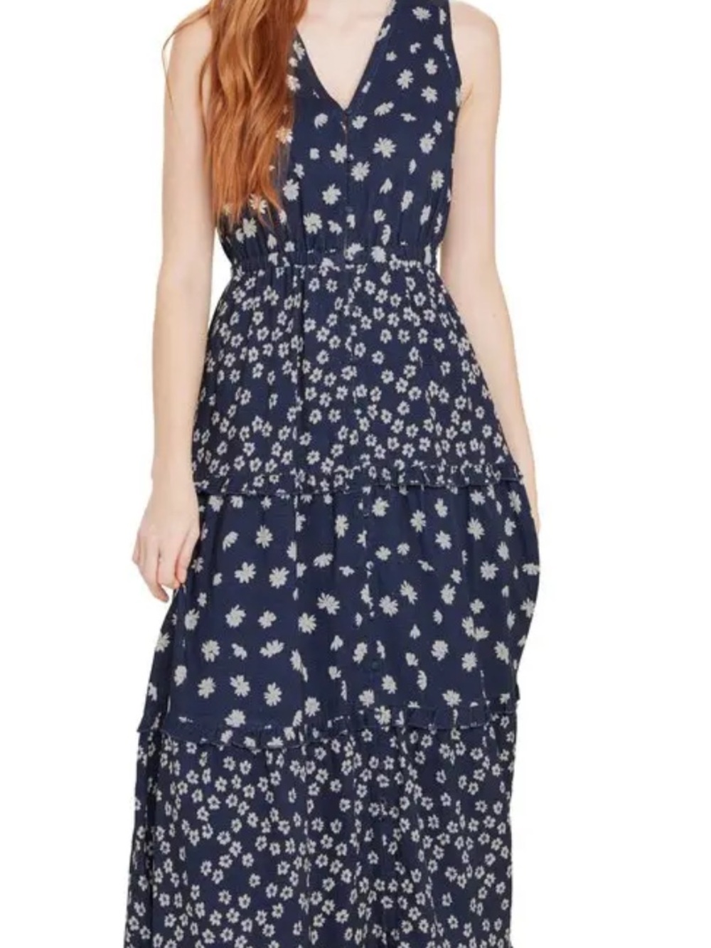Splendid Navy and White Floral Tiered Maxi Dress